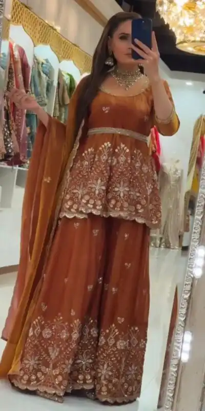 ZSR 3162 Rust Fendy Silk Salwar Suit with Mirror Work & Embroidery Work. Best Price ₹2149. Delivery 4-6 Working Days. Shop now. | Jump Suits, Salwar suit, Casual Suits, Creative suits, Designer Suits, Palazzo Suits, Party Wear Suits, Patiala Suits, Straight Suits