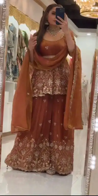 ZSR 3162 Rust Fendy Silk Salwar Suit with Mirror Work & Embroidery Work. Best Price ₹2149. Delivery 4-6 Working Days. Shop now. | Jump Suits, Salwar suit, Casual Suits, Creative suits, Designer Suits, Palazzo Suits, Party Wear Suits, Patiala Suits, Straight Suits