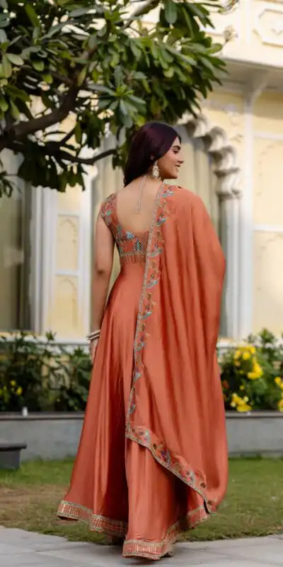 RR 39 Rust Vichitra Silk Gown Perfect for Wedding, Party, Holi, Anniversary, Mehendi –. Grab it for ₹2149. Delivery 4-6 Working Days. Shop now. | Gowns, Bollywood Gowns, Creative Gowns, Designer Gowns, Embroidered Gowns, Party Wear Gowns