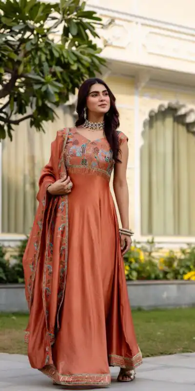 RR 39 Rust Vichitra Silk Gown Perfect for Wedding, Party, Holi, Anniversary, Mehendi β. Grab it for βΉ2149. Delivery 4-6 Working Days. Shop now. | Gowns, Bollywood Gowns, Creative Gowns, Designer Gowns, Embroidered Gowns, Party Wear Gowns