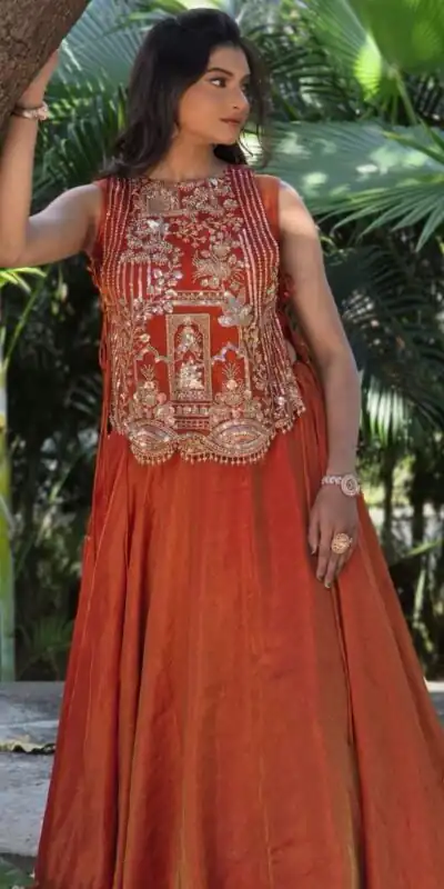 PC 563 Rust in Color Vichitra Silk Embroidery Work Lehenga Choli . Now at just ₹2549. Delivery 4-6 Working Days. Shop now. | Lehenga, Bollywood Lehenga, Creative Lehenga, Designer Lehenga, Embroidered Lehenga, Party Wear Lehenga