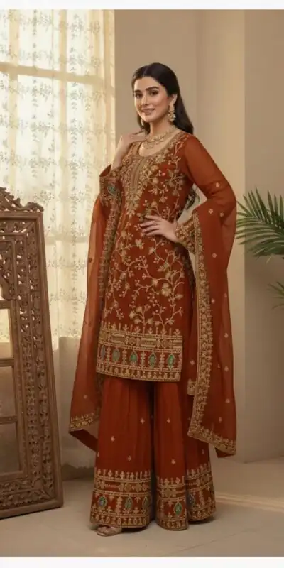 BE 447 Rust Color Zimmy Choo Salwar Suit with Embroidery Work. Online Get it for ₹2399. Delivery 4-6 Working Days. Shop now. | Jump Suits, Salwar suit, Casual Suits, Creative suits, Designer Suits, Palazzo Suits, Party Wear Suits, Patiala Suits, Straight Suits