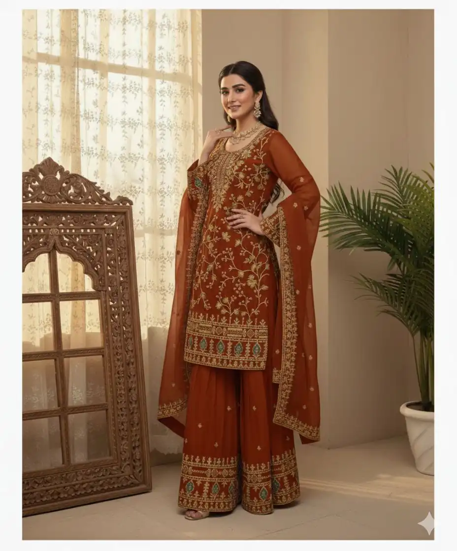 BE 447 Rust Color Zimmy Choo Salwar Suit with Embroidery Work. Online Get it for ₹2399. Delivery 4-6 Working Days. Shop now. | Jump Suits, Salwar suit, Casual Suits, Creative suits, Designer Suits, Palazzo Suits, Party Wear Suits, Patiala Suits, Straight Suits