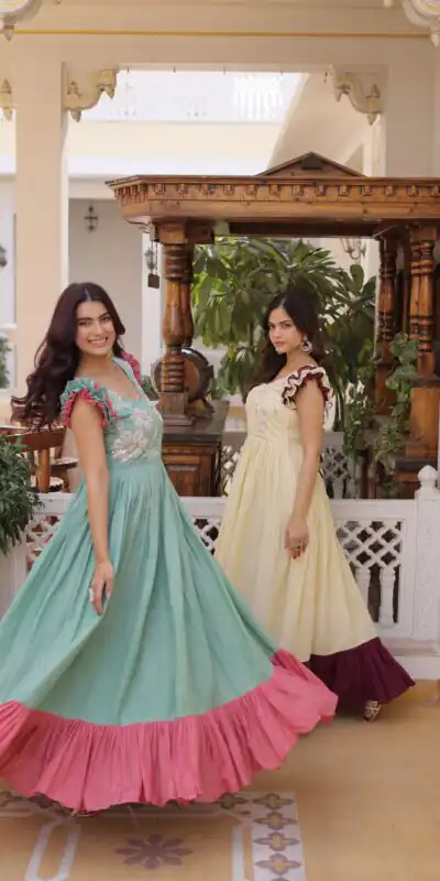 KA 1234 Sea Green Color Cotton Gown with Sequins Work & Embroidery Work. Festive Deal ₹1819. Delivery 4-6 Working Days. Shop now. | Gowns, Bollywood Gowns, Creative Gowns, Designer Gowns, Embroidered Gowns, Party Wear Gowns