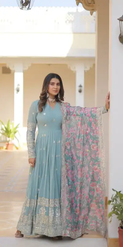 KA 1078 Sky Blue Faux Georgette Gown Perfect for Wedding, Party, Makar Sankranti, Karwa Chauth, Ethnic Day – . Now at just ₹3349. Delivery 4-6 Working D | Gowns, Bollywood Gowns, Creative Gowns, Designer Gowns, Embroidered Gowns, Party Wear Gowns