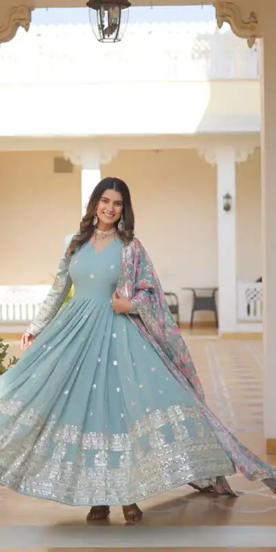 KA 1078 Sky Blue Faux Georgette Gown Perfect for Wedding, Party, Makar Sankranti, Karwa Chauth, Ethnic Day – . Now at just ₹3349. Delivery 4-6 Working D | Gowns, Bollywood Gowns, Creative Gowns, Designer Gowns, Embroidered Gowns, Party Wear Gowns