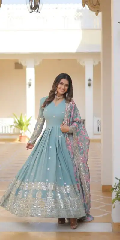 KA 1078 Sky Blue Faux Georgette Gown Perfect for Wedding, Party, Makar Sankranti, Karwa Chauth, Ethnic Day – . Now at just ₹3349. Delivery 4-6 Working D | Gowns, Bollywood Gowns, Creative Gowns, Designer Gowns, Embroidered Gowns, Party Wear Gowns