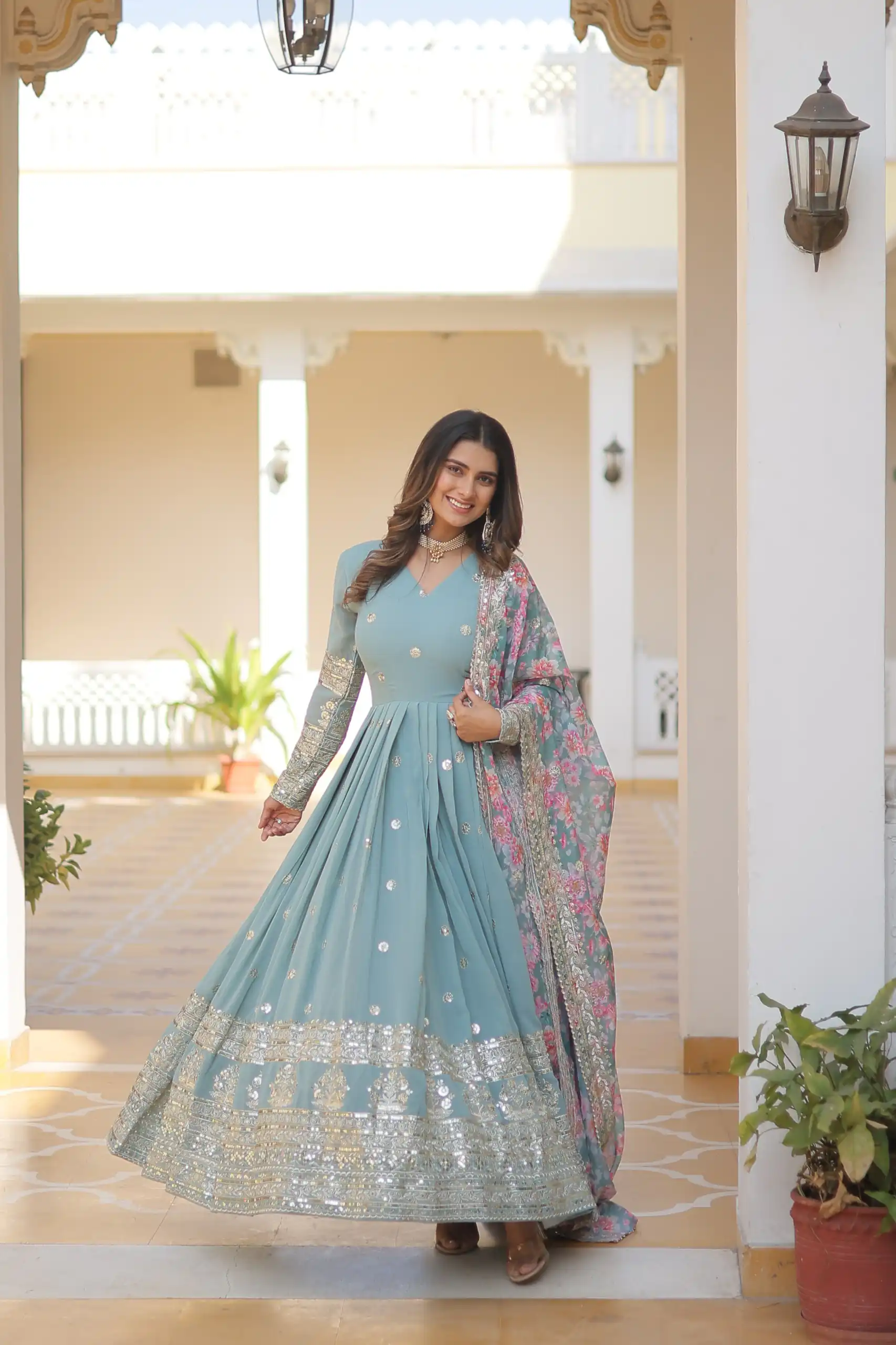 KA 1078 Sky Blue Faux Georgette Gown Perfect for Wedding, Party, Makar Sankranti, Karwa Chauth, Ethnic Day – . Now at just ₹3349. Delivery 4-6 Working D | Gowns, Bollywood Gowns, Creative Gowns, Designer Gowns, Embroidered Gowns, Party Wear Gowns
