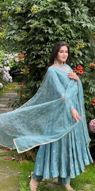 SSR 524 Sky Blue Color Vichitra silk Gown with Bead Work & Lace Work. Now at just ₹1999. Delivery 4-6 Working Days. Shop now. | Gowns, Bollywood Gowns, Creative Gowns, Designer Gowns, Embroidered Gowns, Party Wear Gowns