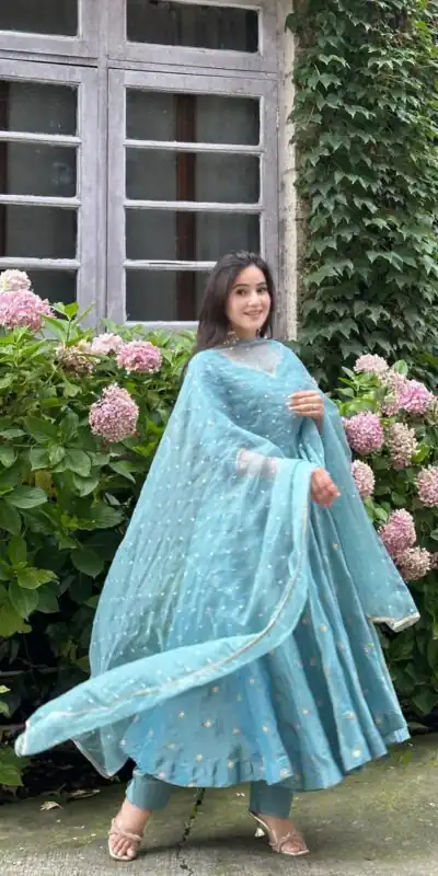SSR 524 Sky Blue Color Vichitra silk Gown with Bead Work & Lace Work. Now at just βΉ1999. Delivery 4-6 Working Days. Shop now. | Gowns, Bollywood Gowns, Creative Gowns, Designer Gowns, Embroidered Gowns, Party Wear Gowns