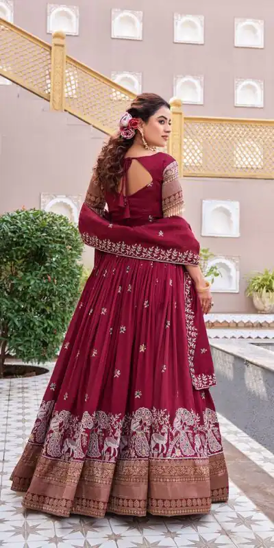 Ram 163 Maroon in Color Vichitra Silk Embroidery Work Lehenga Choli . Now at just ₹3049. Delivery 4-6 Working Days. Shop now. | Lehenga, Bollywood Lehenga, Creative Lehenga, Designer Lehenga, Embroidered Lehenga, Party Wear Lehenga