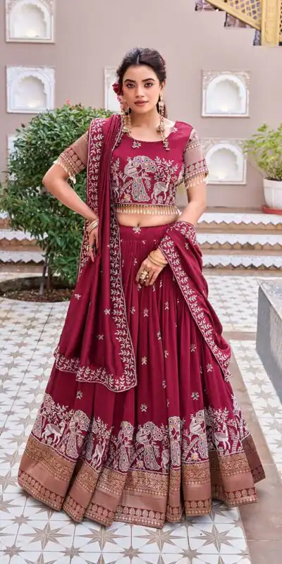 Ram 163 Maroon in Color Vichitra Silk Embroidery Work Lehenga Choli . Now at just βΉ3049. Delivery 4-6 Working Days. Shop now. | Lehenga, Bollywood Lehenga, Creative Lehenga, Designer Lehenga, Embroidered Lehenga, Party Wear Lehenga
