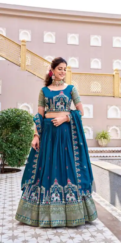 Ram 163 Teal in Color Vichitra Silk Embroidery Work Lehenga Choli . Now at just βΉ3049. Delivery 4-6 Working Days. Shop now. | Lehenga, Bollywood Lehenga, Creative Lehenga, Designer Lehenga, Embroidered Lehenga, Party Wear Lehenga