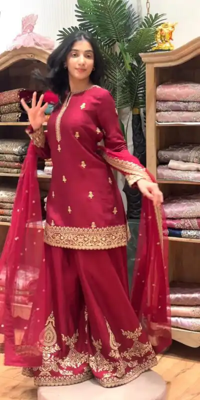 MF 501 Red Natural Crep Salwar Suit Brown with Embroidery Work. Exclusive Offer βΉ2549. Delivery 4-6 Working Days. Shop now. | Jump Suits, Salwar suit, Casual Suits, Creative suits, Designer Suits, Palazzo Suits, Party Wear Suits, Patiala Suits, Straight Suits