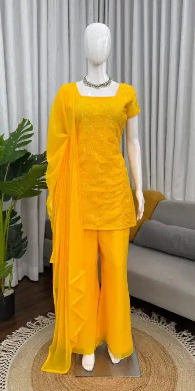 KD 1543 Yellow Faux Georgette Salwar Suit with Designer Work. Introductory Price ₹1949. Delivery 4-6 Working Days. Shop now. | Jump Suits, Salwar suit, Casual Suits, Creative suits, Designer Suits, Palazzo Suits, Party Wear Suits, Patiala Suits, Straight Suits
