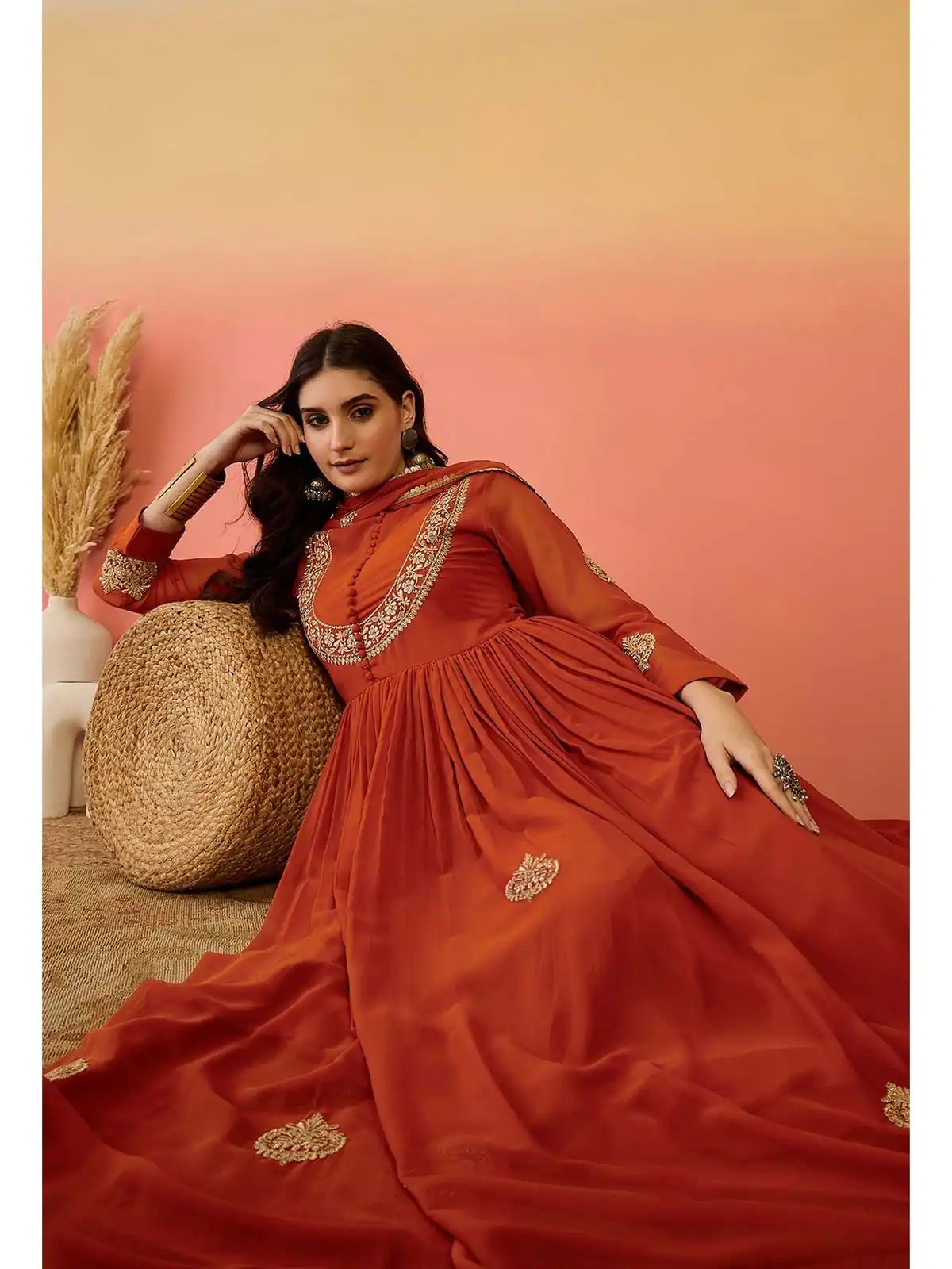 ZF 501 Rust Color Fox Blooming Georgette Gown with Lace Work. Affordable Price ₹2149. Delivery 4-6 Working Days. Shop now. | Gowns, Bollywood Gowns, Creative Gowns, Designer Gowns, Embroidered Gowns, Party Wear Gowns