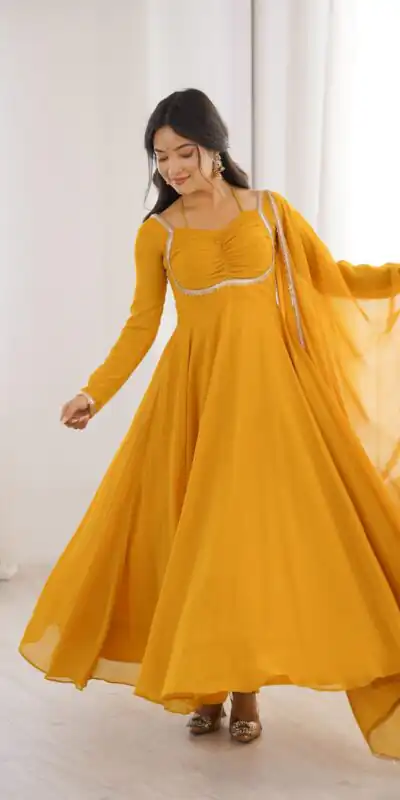KB 291 Yellow Color Fox Blooming Georgette Gown with Lace Work. Affordable Price βΉ1899. Delivery 4-6 Working Days. Shop now. | Gowns, Bollywood Gowns, Creative Gowns, Designer Gowns, Embroidered Gowns, Party Wear Gowns