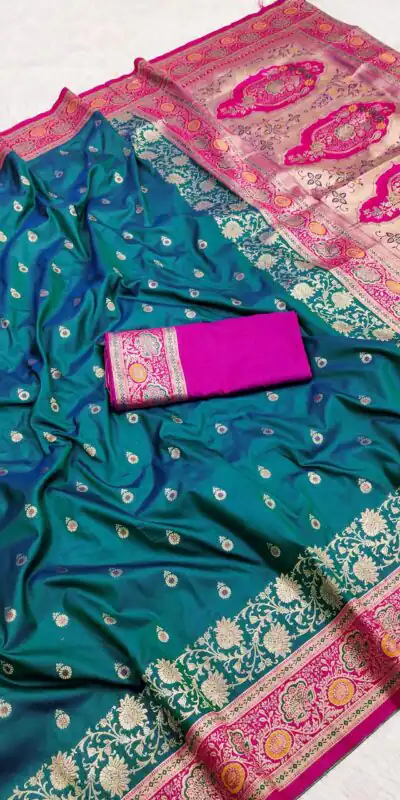 MB 3315 Teal Color Banarasi Silk Gold Zari Border Saree . Wedding, Party, Festive, Available at ₹2049 only. Delivery 4-6 Working Days. Shop now. | Sarees, Bollywood Sarees, Creative Sarees, Designer Sarees, Embroidered Sarees, Ethnic Saree, Modern Digital sarees, Party Wear Sarees