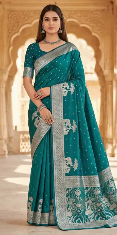 MB 25 GAJRAJ Teal in Pure Banarasi Silk Zari Work & Lace Work Saree . Introductory Price ₹1899. Delivery 4-6 Working Days. Shop now. | Sarees, Bollywood Sarees, Creative Sarees, Designer Sarees, Embroidered Sarees, Ethnic Saree, Modern Digital sarees, Party Wear Sarees