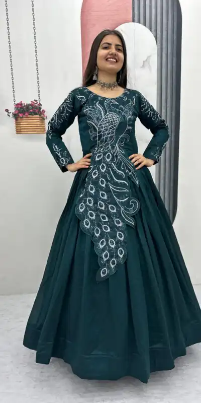 PC 564 Teal Vichitra Silk Gown Perfect for Wedding, Party, Holi, Anniversary, Mehendi –. Grab it for ₹2049. Delivery 4-6 Working Days. Shop now. | Gowns, Bollywood Gowns, Creative Gowns, Designer Gowns, Embroidered Gowns, Party Wear Gowns