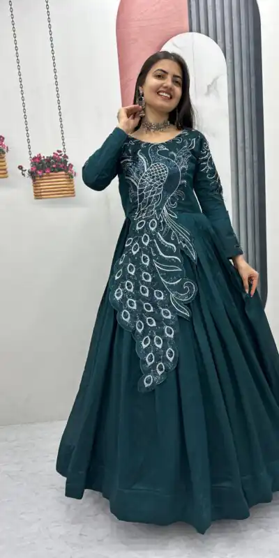 PC 564 Teal Vichitra Silk Gown Perfect for Wedding, Party, Holi, Anniversary, Mehendi –. Grab it for ₹2049. Delivery 4-6 Working Days. Shop now. | Gowns, Bollywood Gowns, Creative Gowns, Designer Gowns, Embroidered Gowns, Party Wear Gowns