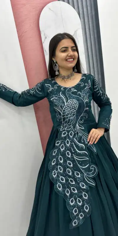 PC 564 Teal Vichitra Silk Gown Perfect for Wedding, Party, Holi, Anniversary, Mehendi –. Grab it for ₹2049. Delivery 4-6 Working Days. Shop now. | Gowns, Bollywood Gowns, Creative Gowns, Designer Gowns, Embroidered Gowns, Party Wear Gowns