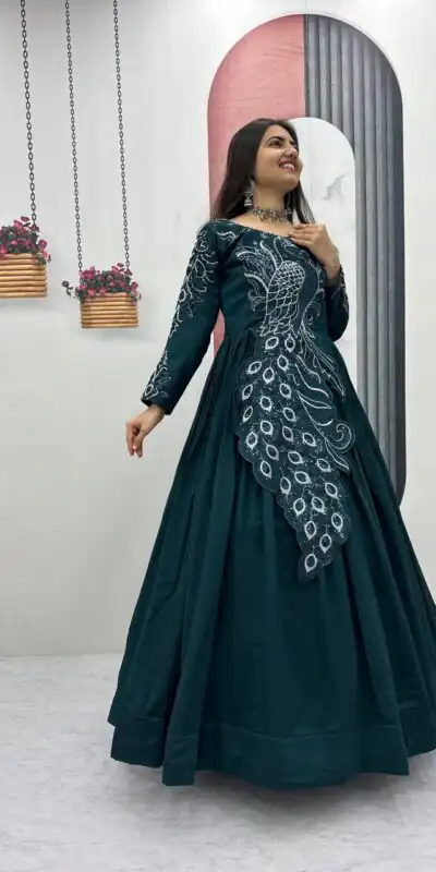 PC 564 Teal Vichitra Silk Gown Perfect for Wedding, Party, Holi, Anniversary, Mehendi –. Grab it for ₹2049. Delivery 4-6 Working Days. Shop now. | Gowns, Bollywood Gowns, Creative Gowns, Designer Gowns, Embroidered Gowns, Party Wear Gowns