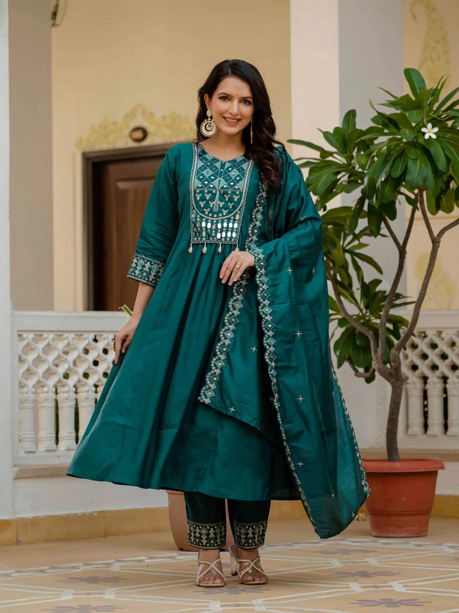 DIVA 126 Teal Viscose Roman Silk Anarkali Suit with Mirror Work & Embroidery Work. Affordable Price ₹2049. Delivery 4-6 Working Days. Shop now. | Anarkali Suits, Bollywood Anarkali, Creative-Anarkali, Designer Anarkali, Embroidered Anarkali, Party Wear Anarkali