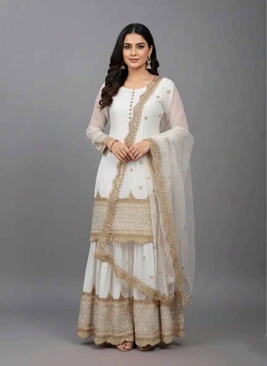 ZF 250 White Color Faux Georgette Embroidery Sequence Work Sharara Suit Wedding, Party, Festive, Events Etc. Expected Delivery 4-6 Working Days @2099/- | Jump Suits, Salwar suit, Casual Suits, Creative suits, Designer Suits, Palazzo Suits, Party Wear Suits, Patiala Suits, Straight Suits