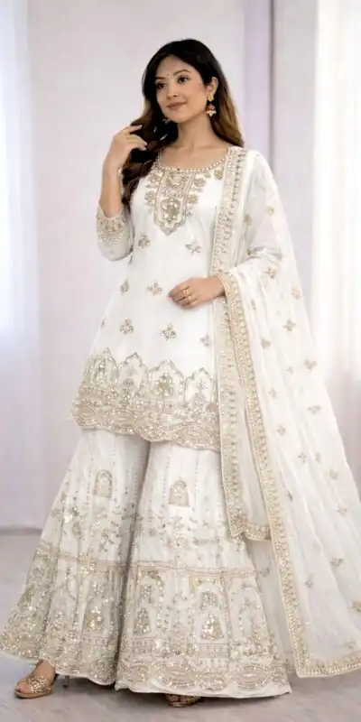 WW 1250 White Faux Georgette With 5 mm Sequence Work Salwar Suit Wedding, Party, Festive, Events Etc. Expected Delivery 4-6 Working Days @2399/- | Jump Suits, Salwar suit, Casual Suits, Creative suits, Designer Suits, Palazzo Suits, Party Wear Suits, Patiala Suits, Straight Suits