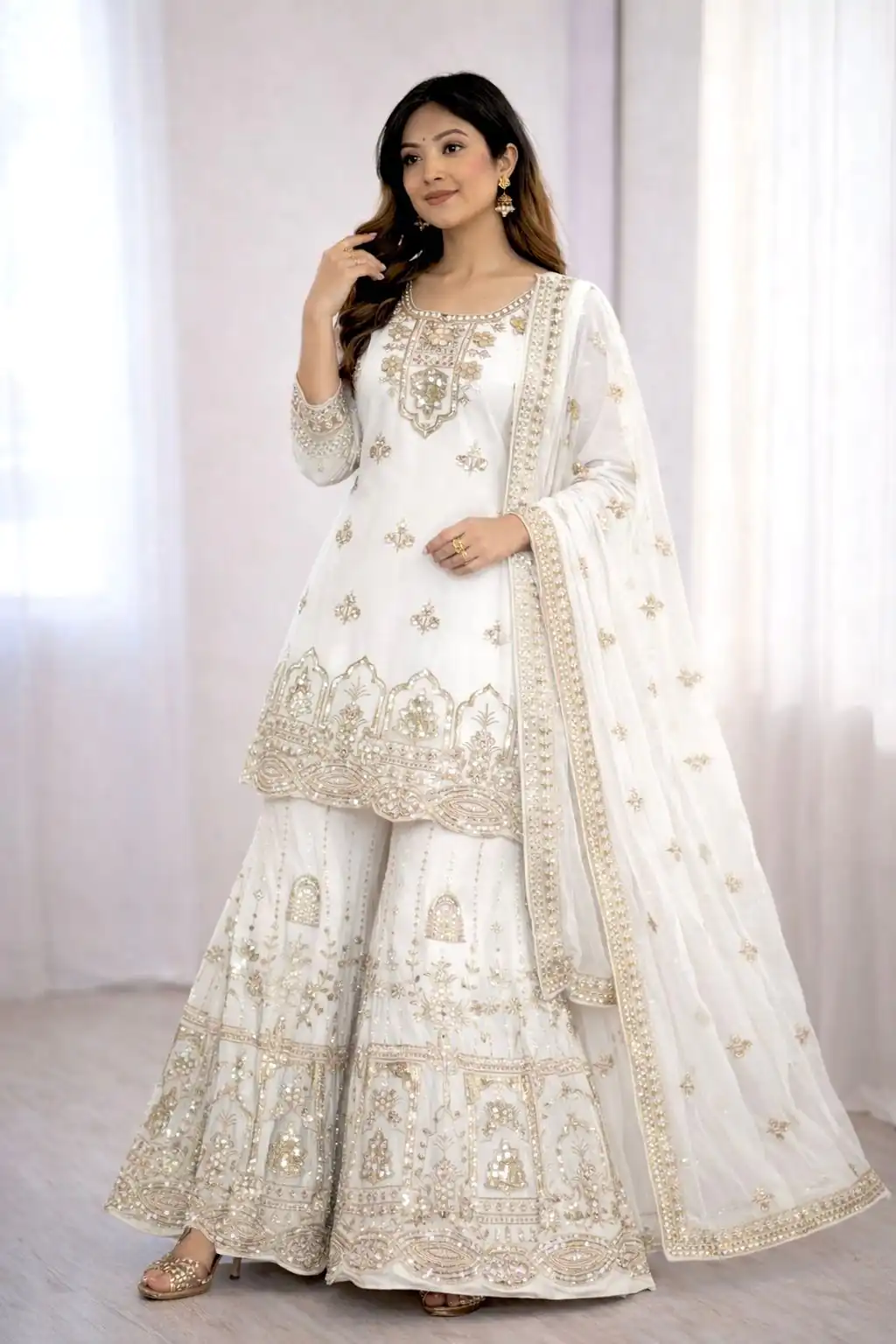 WW 1250 White Faux Georgette With 5 mm Sequence Work Salwar Suit Wedding, Party, Festive, Events Etc. Expected Delivery 4-6 Working Days @2399/- | Jump Suits, Salwar suit, Casual Suits, Creative suits, Designer Suits, Palazzo Suits, Party Wear Suits, Patiala Suits, Straight Suits