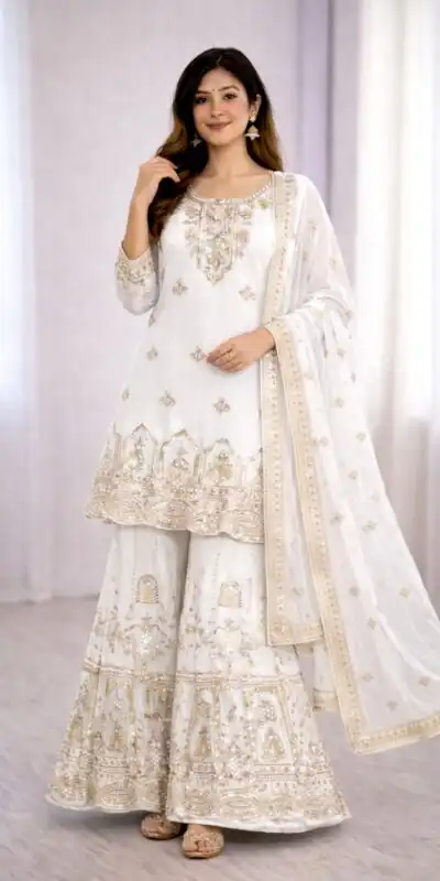 WW 1250 White Faux Georgette With 5 mm Sequence Work Salwar Suit Wedding, Party, Festive, Events Etc. Expected Delivery 4-6 Working Days @2399/- | Jump Suits, Salwar suit, Casual Suits, Creative suits, Designer Suits, Palazzo Suits, Party Wear Suits, Patiala Suits, Straight Suits