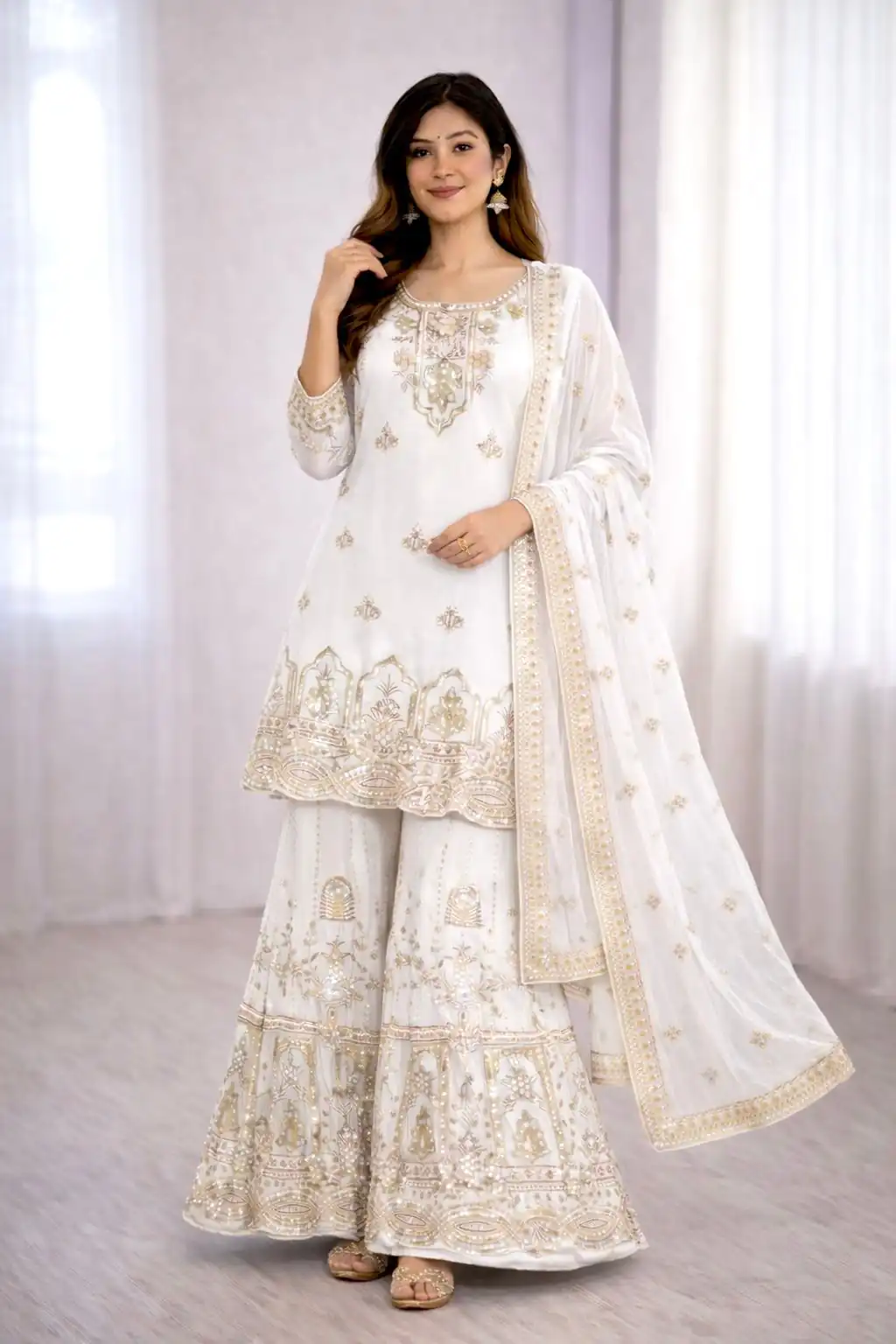 WW 1250 White Faux Georgette With 5 mm Sequence Work Salwar Suit Wedding, Party, Festive, Events Etc. Expected Delivery 4-6 Working Days @2399/- | Jump Suits, Salwar suit, Casual Suits, Creative suits, Designer Suits, Palazzo Suits, Party Wear Suits, Patiala Suits, Straight Suits