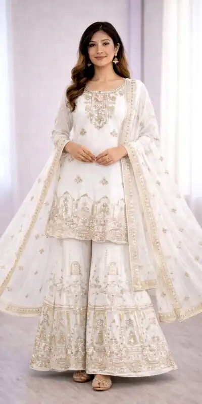 WW 1250 White Faux Georgette With 5 mm Sequence Work Salwar Suit Wedding, Party, Festive, Events Etc. Expected Delivery 4-6 Working Days @2399/- | Jump Suits, Salwar suit, Casual Suits, Creative suits, Designer Suits, Palazzo Suits, Party Wear Suits, Patiala Suits, Straight Suits