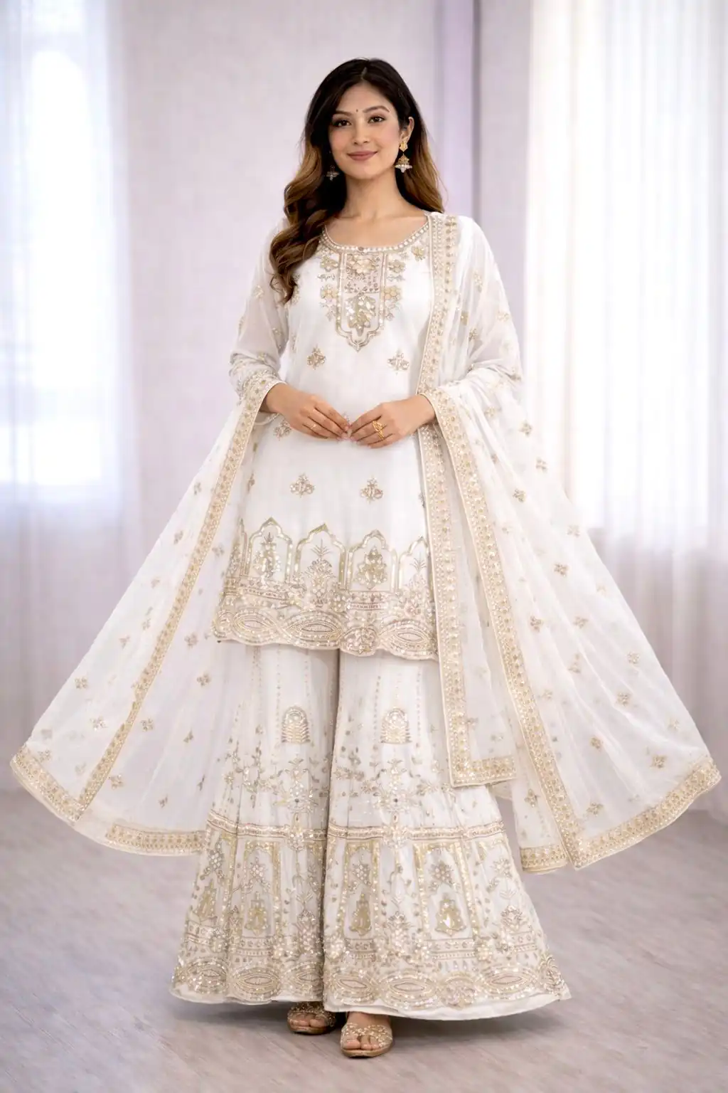 WW 1250 White Faux Georgette With 5 mm Sequence Work Salwar Suit Wedding, Party, Festive, Events Etc. Expected Delivery 4-6 Working Days @2399/- | Jump Suits, Salwar suit, Casual Suits, Creative suits, Designer Suits, Palazzo Suits, Party Wear Suits, Patiala Suits, Straight Suits