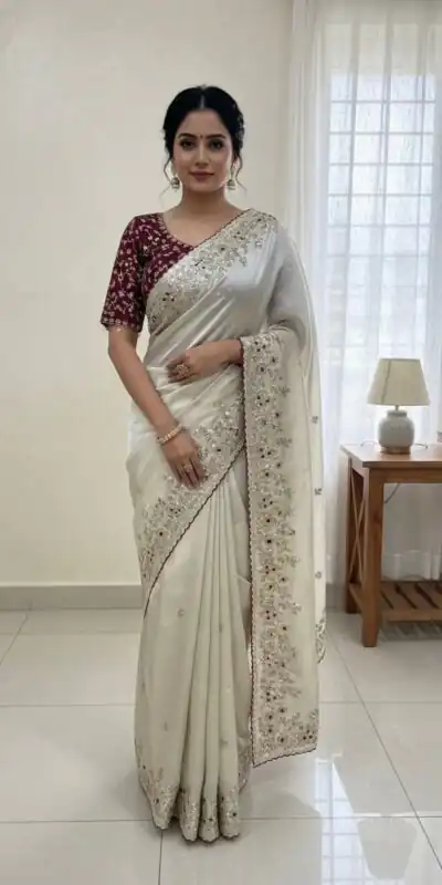 NC 5555 White Organza Silk Saree with Sequins Work & Embroidery Work. Exclusive Offer ₹2049. Delivery 4-6 Working Days. Shop now. | Sarees, Bollywood Sarees, Creative Sarees, Designer Sarees, Embroidered Sarees, Ethnic Saree, Modern Digital sarees, Party Wear Sarees
