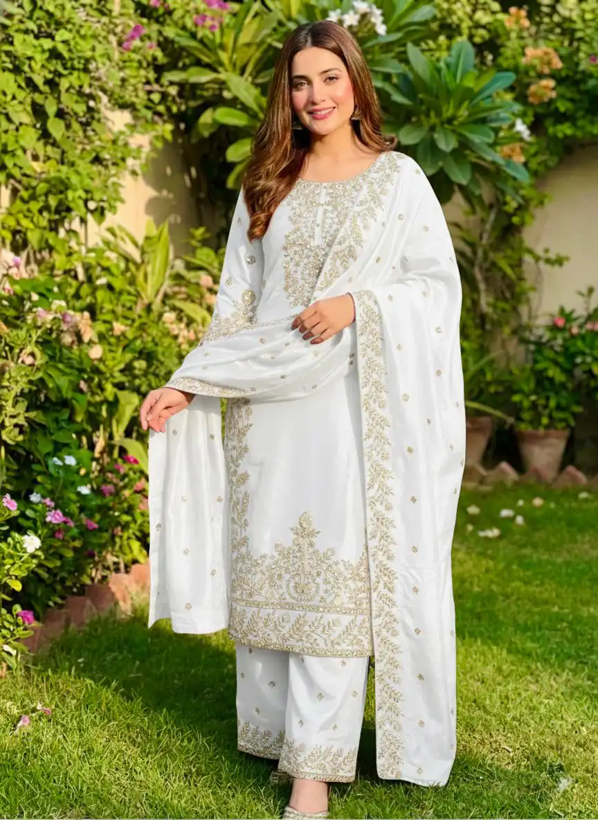 SRK 5316 White Organza Silk Salwar Suit Perfect for Wedding, Party, Makar Sankranti, Eid, Durga Puja – . Affordable Price ₹2149. Delivery 4-6 Workin | Jump Suits, Salwar suit, Casual Suits, Creative suits, Designer Suits, Palazzo Suits, Party Wear Suits, Patiala Suits, Straight Suits