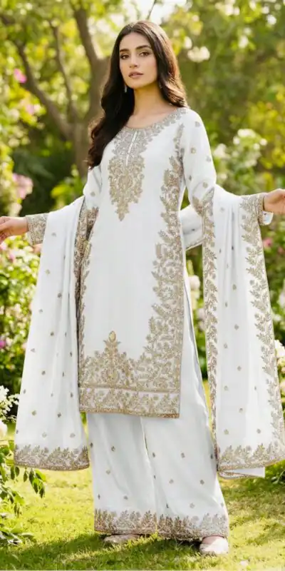 SRK 5316 White Organza Silk Salwar Suit Perfect for Wedding, Party, Makar Sankranti, Eid, Durga Puja – . Affordable Price ₹2149. Delivery 4-6 Workin | Jump Suits, Salwar suit, Casual Suits, Creative suits, Designer Suits, Palazzo Suits, Party Wear Suits, Patiala Suits, Straight Suits