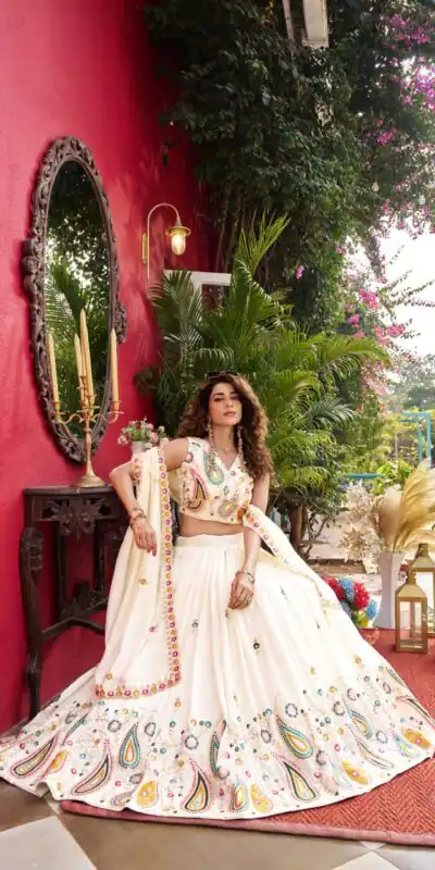 Ram 158 White Color Vichitra Lehenga Choli with Embroidery Work. Wedding, Party, Festive, Grab it for ₹3049. Delivery 4-6 Working Days. Shop now. | Lehenga, Bollywood Lehenga, Creative Lehenga, Designer Lehenga, Embroidered Lehenga, Party Wear Lehenga