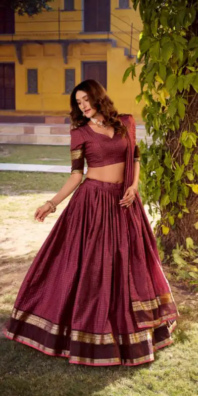 LNB 1900 Wine Color Chettinad Cotton Chex Zari Work Lehenga Choli . Now at just ₹3249. Delivery 4-6 Working Days. Shop now. | Lehenga, Bollywood Lehenga, Creative Lehenga, Designer Lehenga, Embroidered Lehenga, Party Wear Lehenga