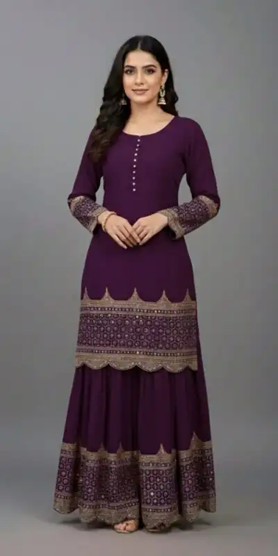 ZF 250 Wine Color Faux Georgette Embroidery Sequence Work Sharara Suit Wedding, Party, Festive, Events Etc. Expected Delivery 4-6 Working Days @2099/- | Jump Suits, Salwar suit, Casual Suits, Creative suits, Designer Suits, Palazzo Suits, Party Wear Suits, Patiala Suits, Straight Suits