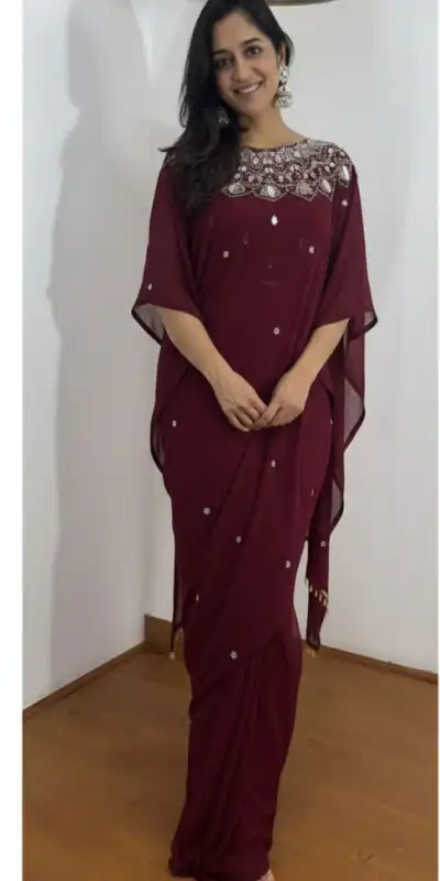 ST 1157 Wine in Faux Georgette Mirror Work & Embroidery Work Saree. Festive Deal ₹1899. Delivery 4-6 Working Days. Shop now. | Sarees, Bollywood Sarees, Creative Sarees, Designer Sarees, Embroidered Sarees, Ethnic Saree, Modern Digital sarees, Party Wear Sarees