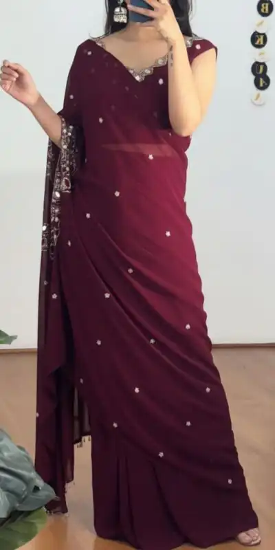 ST 1157 Wine in Faux Georgette Mirror Work & Embroidery Work Saree. Festive Deal ₹1899. Delivery 4-6 Working Days. Shop now. | Sarees, Bollywood Sarees, Creative Sarees, Designer Sarees, Embroidered Sarees, Ethnic Saree, Modern Digital sarees, Party Wear Sarees
