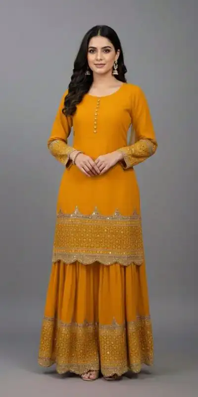 ZF 250 Yellow Color Faux Georgette Embroidery Sequence Work Sharara Suit Wedding, Party, Festive, Events Etc. Expected Delivery 4-6 Working Days @2099/- | Jump Suits, Salwar suit, Casual Suits, Creative suits, Designer Suits, Palazzo Suits, Party Wear Suits, Patiala Suits, Straight Suits
