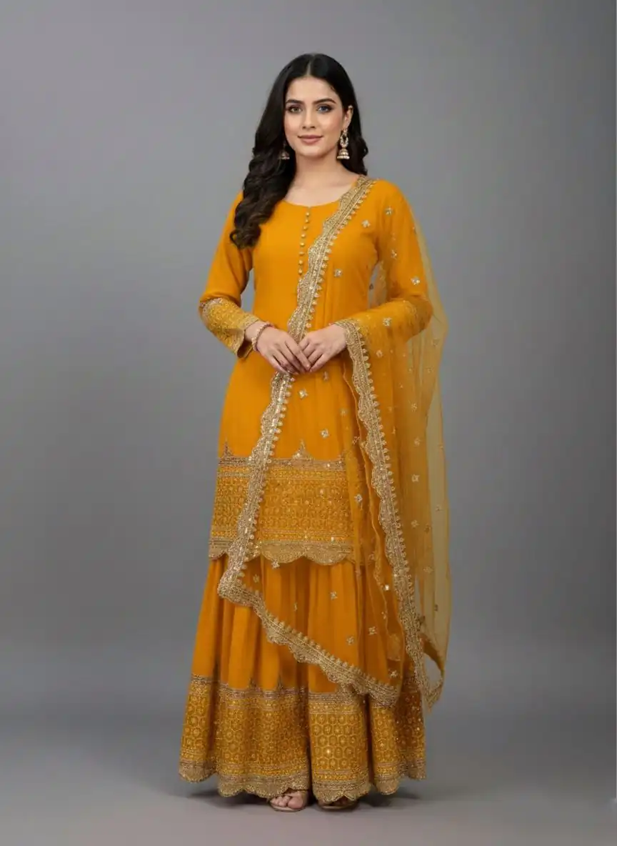 ZF 250 Yellow Color Faux Georgette Embroidery Sequence Work Sharara Suit Wedding, Party, Festive, Events Etc. Expected Delivery 4-6 Working Days @2099/- | Jump Suits, Salwar suit, Casual Suits, Creative suits, Designer Suits, Palazzo Suits, Party Wear Suits, Patiala Suits, Straight Suits