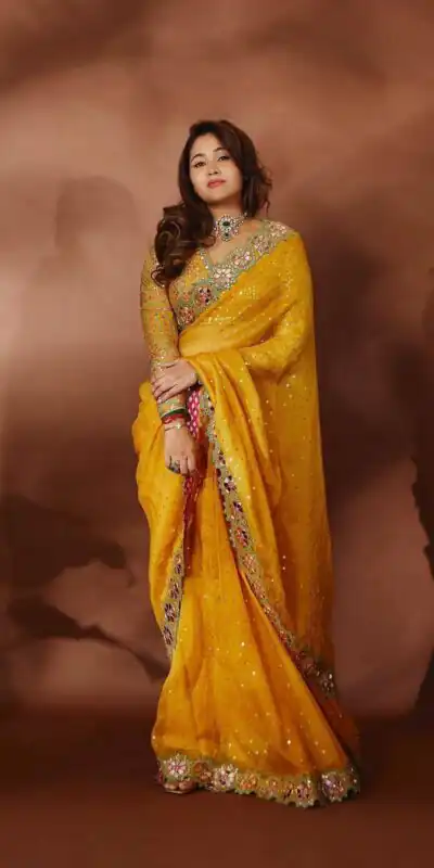 ES Aditi Yellow Faux Georgette Saree Perfect for Wedding, Party, Bridal Wear, Baisakhi, Raksha Bandhan –. Introductory Price ₹2449. Delivery 4-6 Workin | Sarees, Bollywood Sarees, Creative Sarees, Designer Sarees, Embroidered Sarees, Ethnic Saree, Modern Digital sarees, Party Wear Sarees