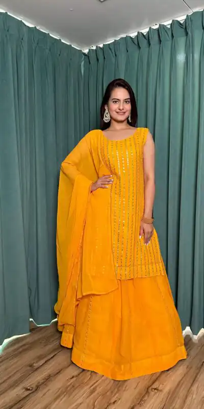 FB L299 Yellow in Color Georgette Mirror Work Lehenga Choli e. Introductory Price ₹2549. Delivery 4-6 Working Days. Shop now. | Lehenga, Bollywood Lehenga, Creative Lehenga, Designer Lehenga, Embroidered Lehenga, Party Wear Lehenga