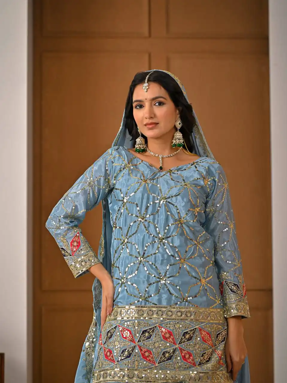 Aglow Sky Blue Chinon Silk Embroidery Work Salwar Suit - Image 6