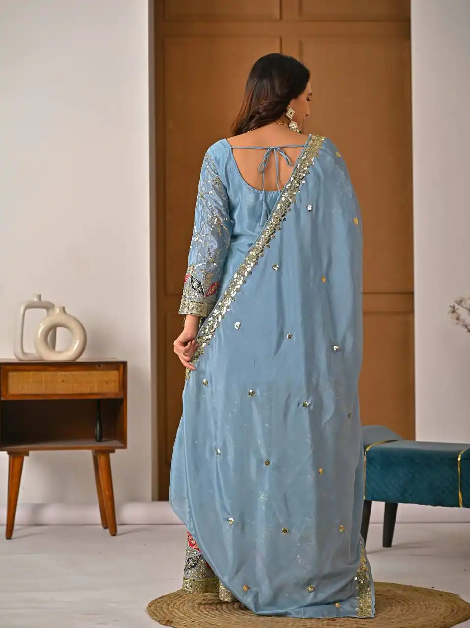Aglow Sky Blue Chinon Silk Embroidery Work Salwar Suit - Image 9