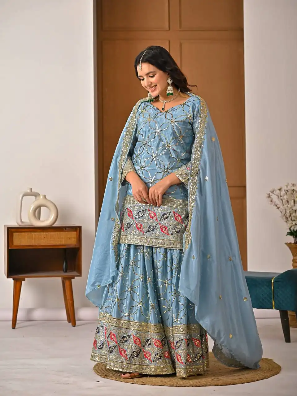 Aglow Sky Blue Chinon Silk Embroidery Work Salwar Suit - Image 5